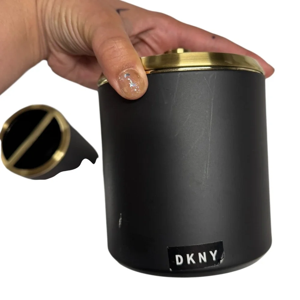 DKNY Bathroom Set Vanity Organizer Toothbrush Holder Canister Black &‎ Gold
